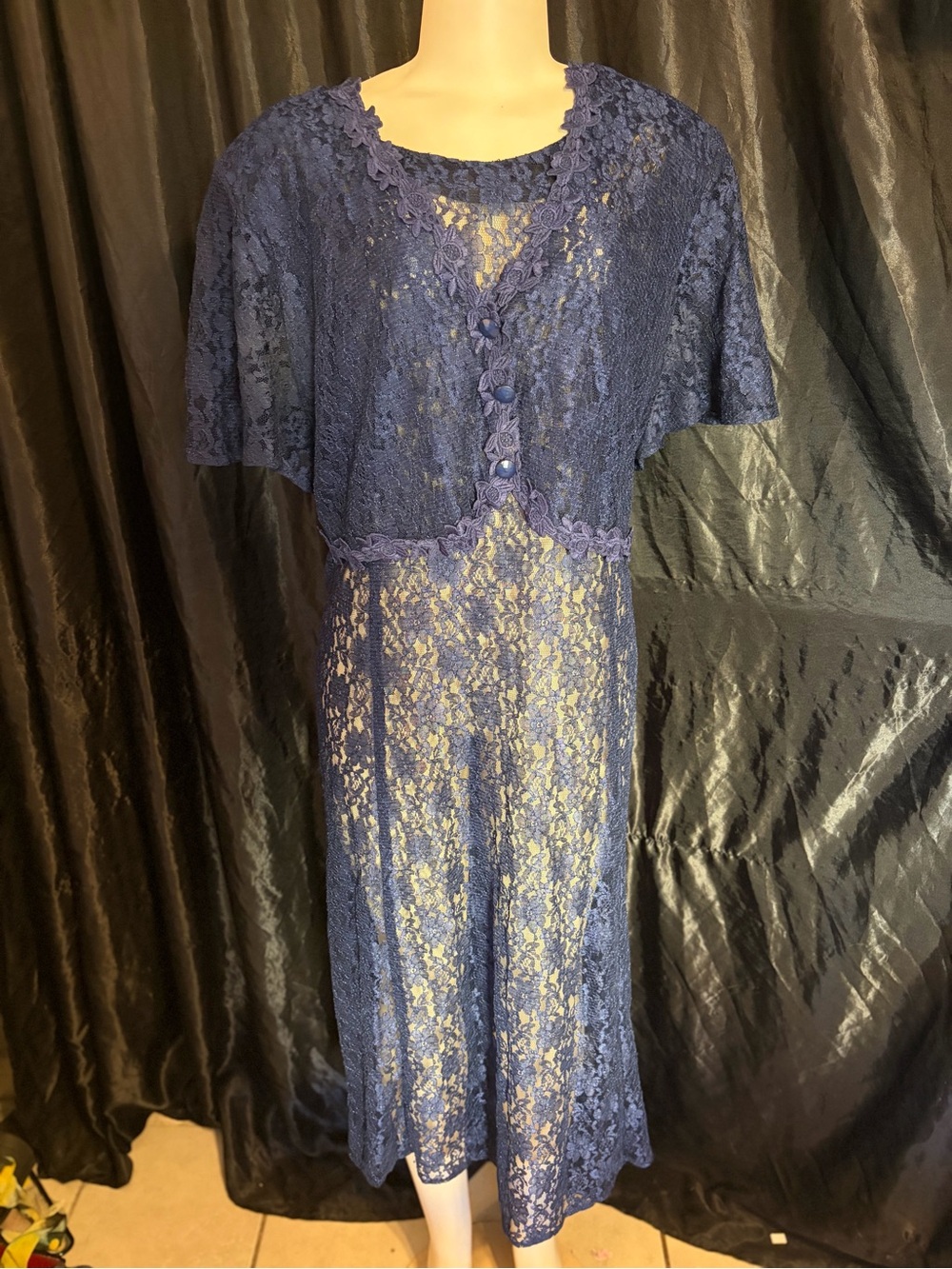 Elegant Blue Lace Maxi Dress with Cropped Lace Shrug